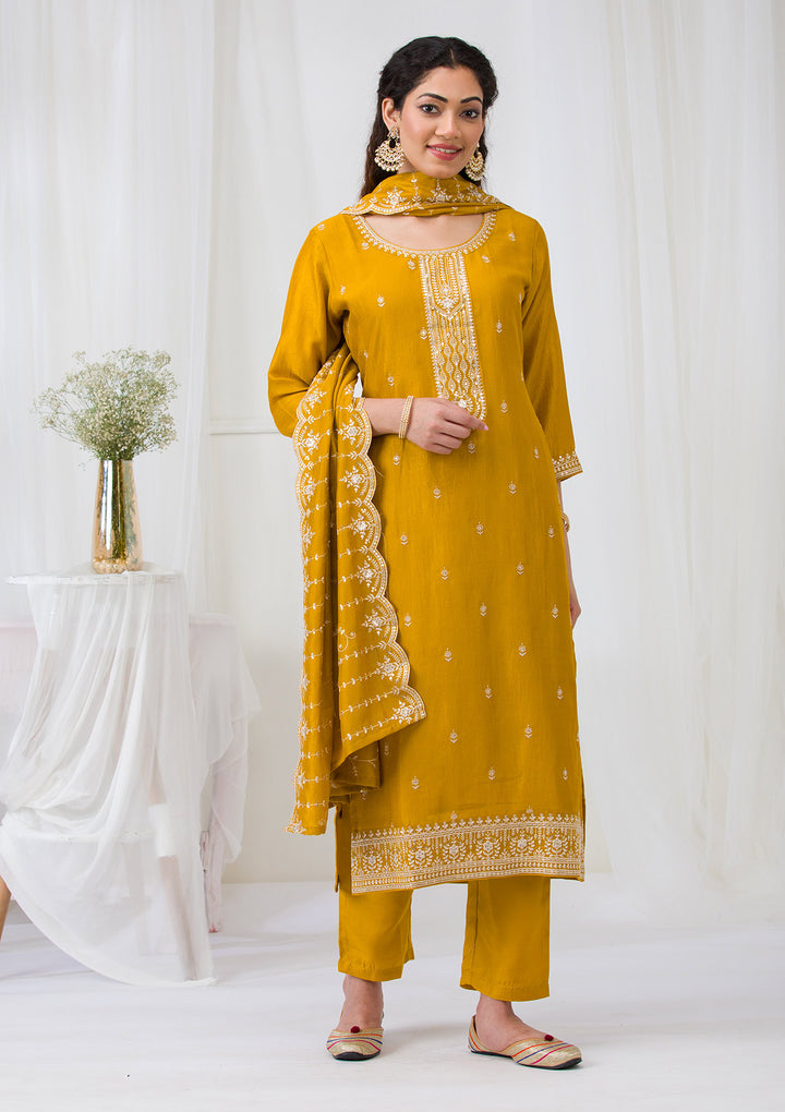 Mustard Sequins Raw Silk Readymade Salwar Suit