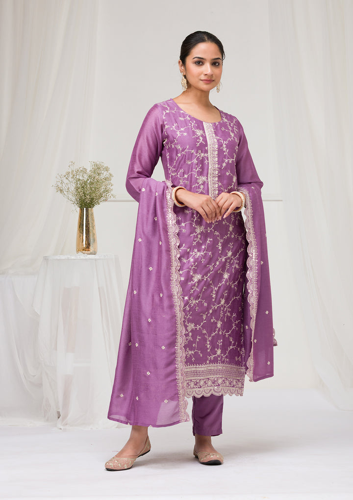 Lavender Threadwork Raw Silk Readymade Salwar Suit