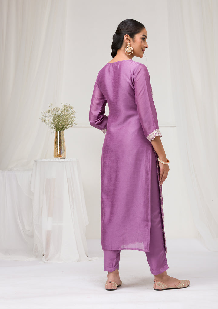 Lavender Threadwork Raw Silk Readymade Salwar Suit