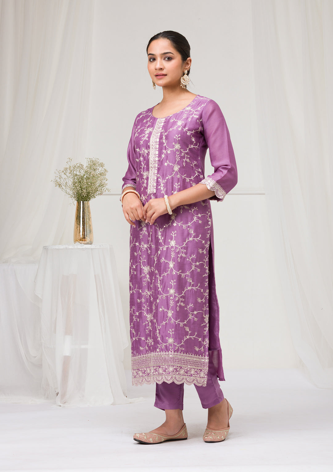 Lavender Threadwork Raw Silk Readymade Salwar Suit