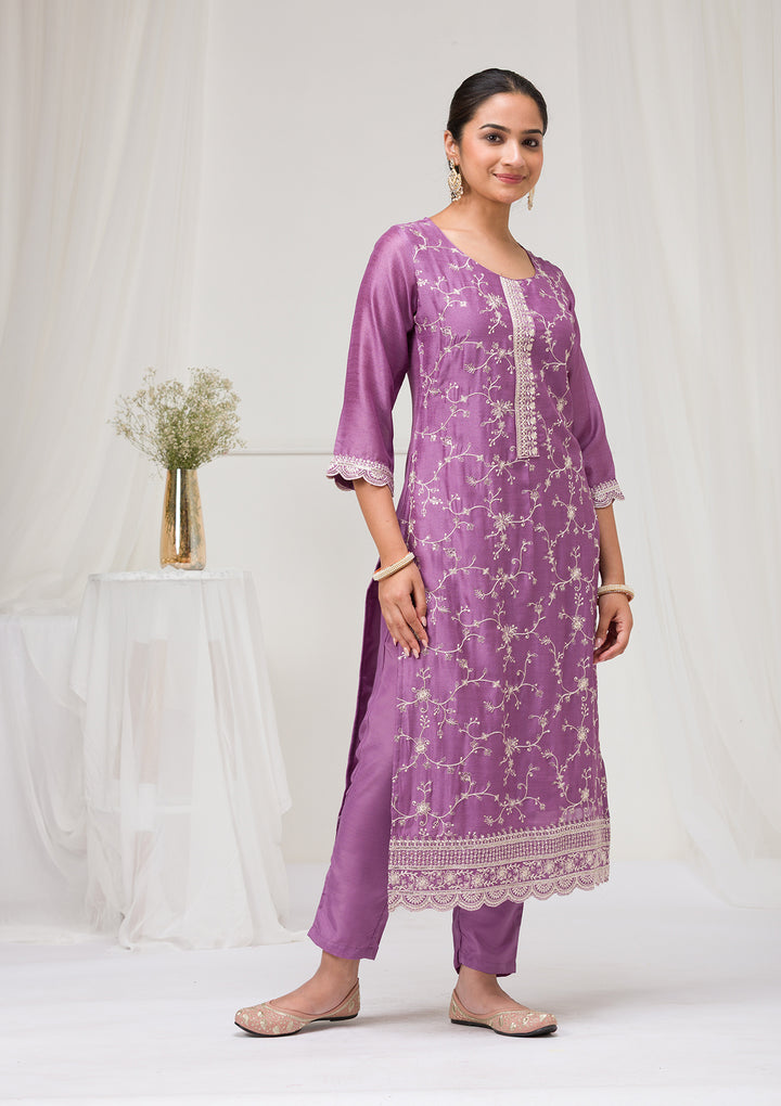 Lavender Threadwork Raw Silk Readymade Salwar Suit