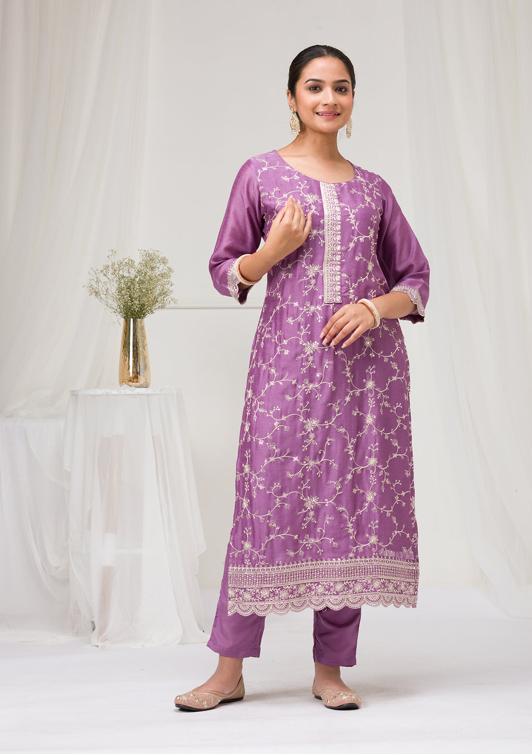 Lavender Threadwork Raw Silk Readymade Salwar Suit