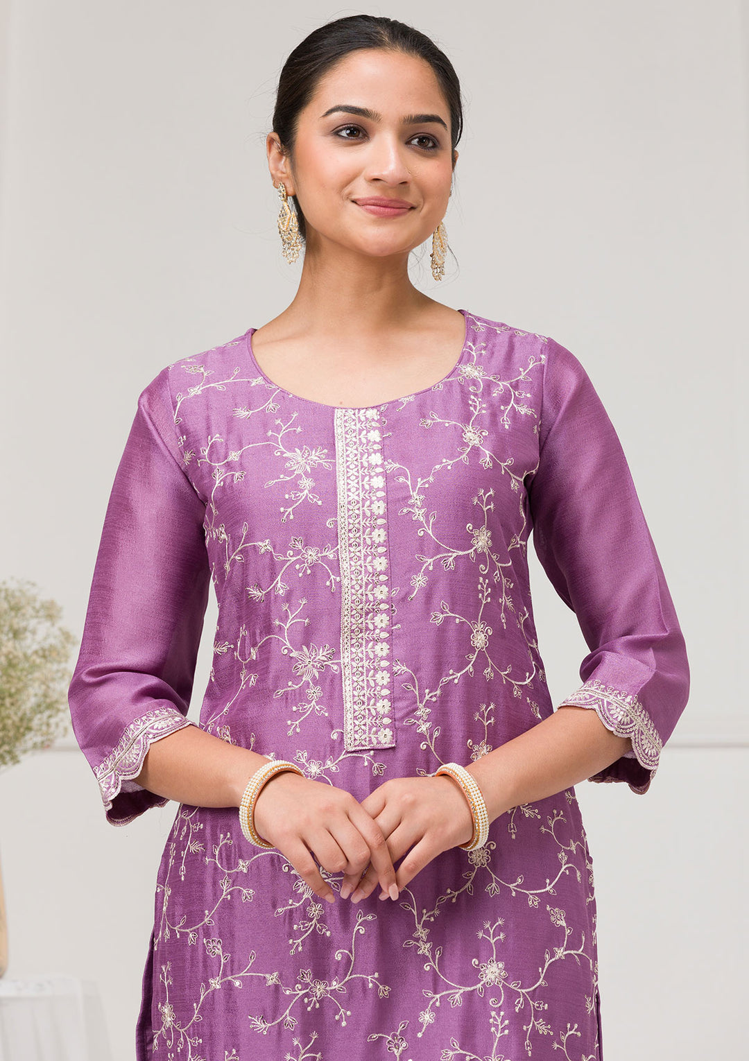 Lavender Threadwork Raw Silk Readymade Salwar Suit