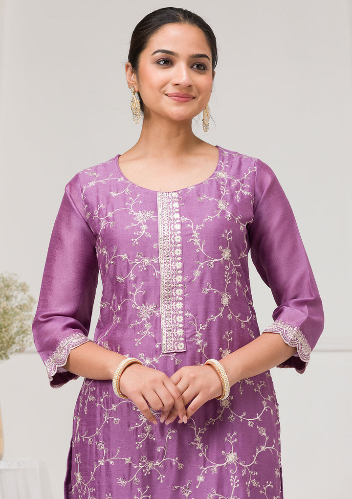 Lavender Threadwork Raw Silk Readymade Salwar Suit