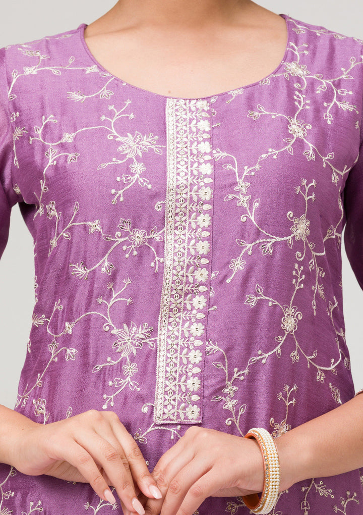 Lavender Threadwork Raw Silk Readymade Salwar Suit