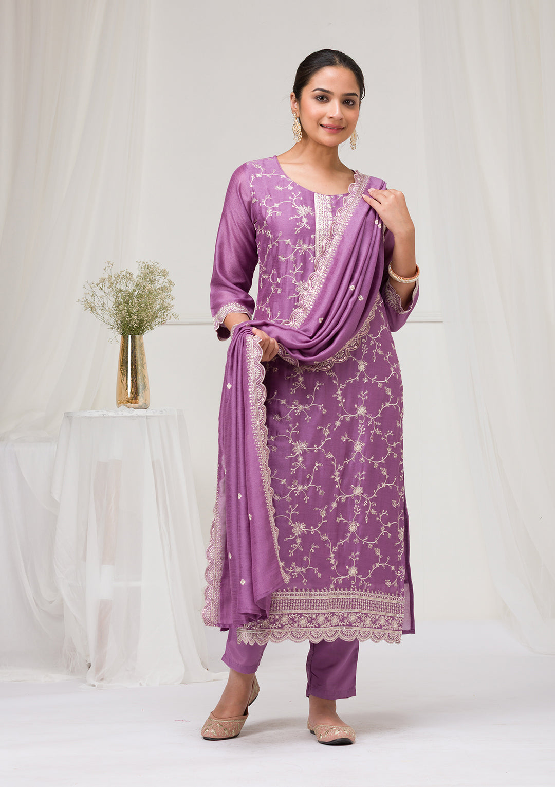 Lavender Threadwork Raw Silk Readymade Salwar Suit