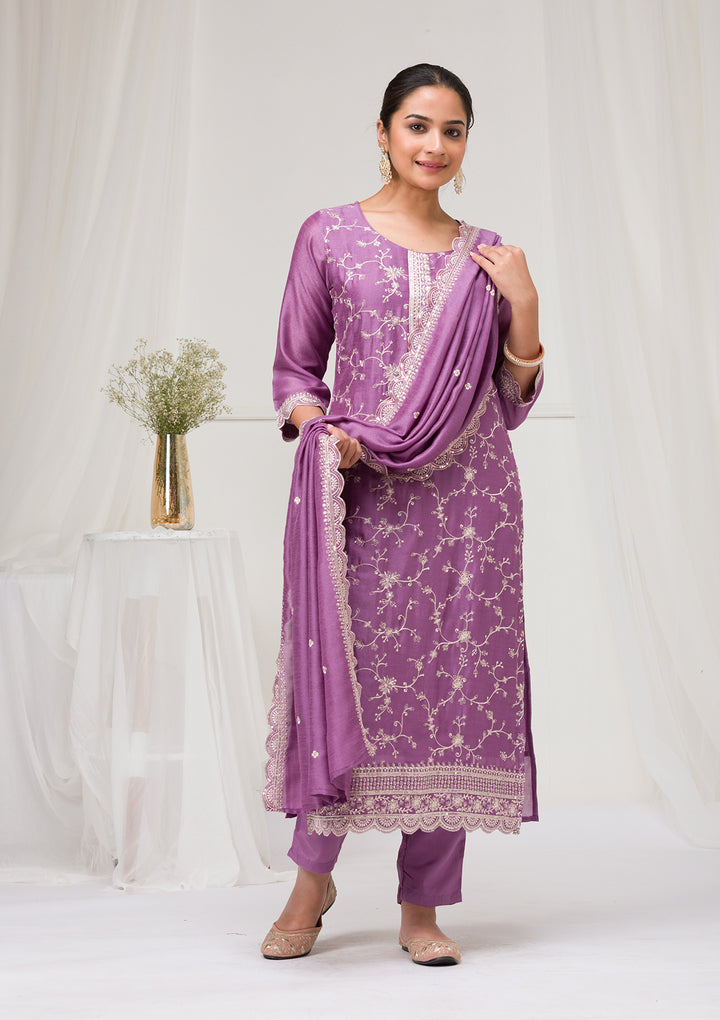 Lavender Threadwork Raw Silk Readymade Salwar Suit