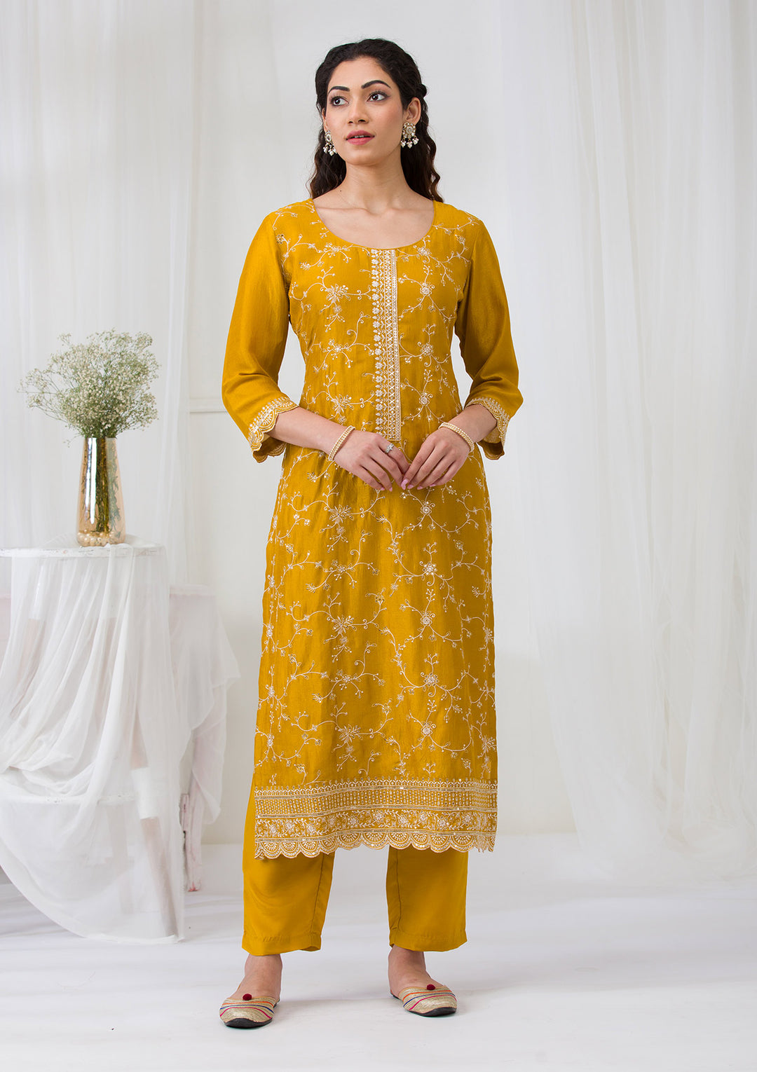 Mustard Sequins Raw Silk Readymade Salwar Suit
