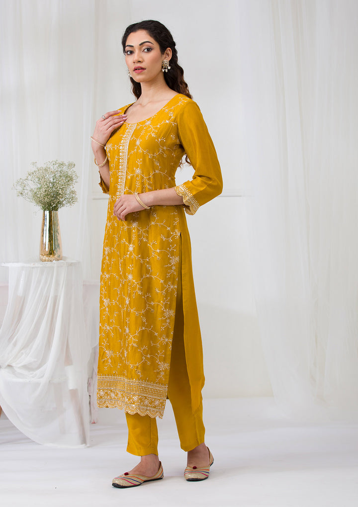 Mustard Sequins Raw Silk Readymade Salwar Suit