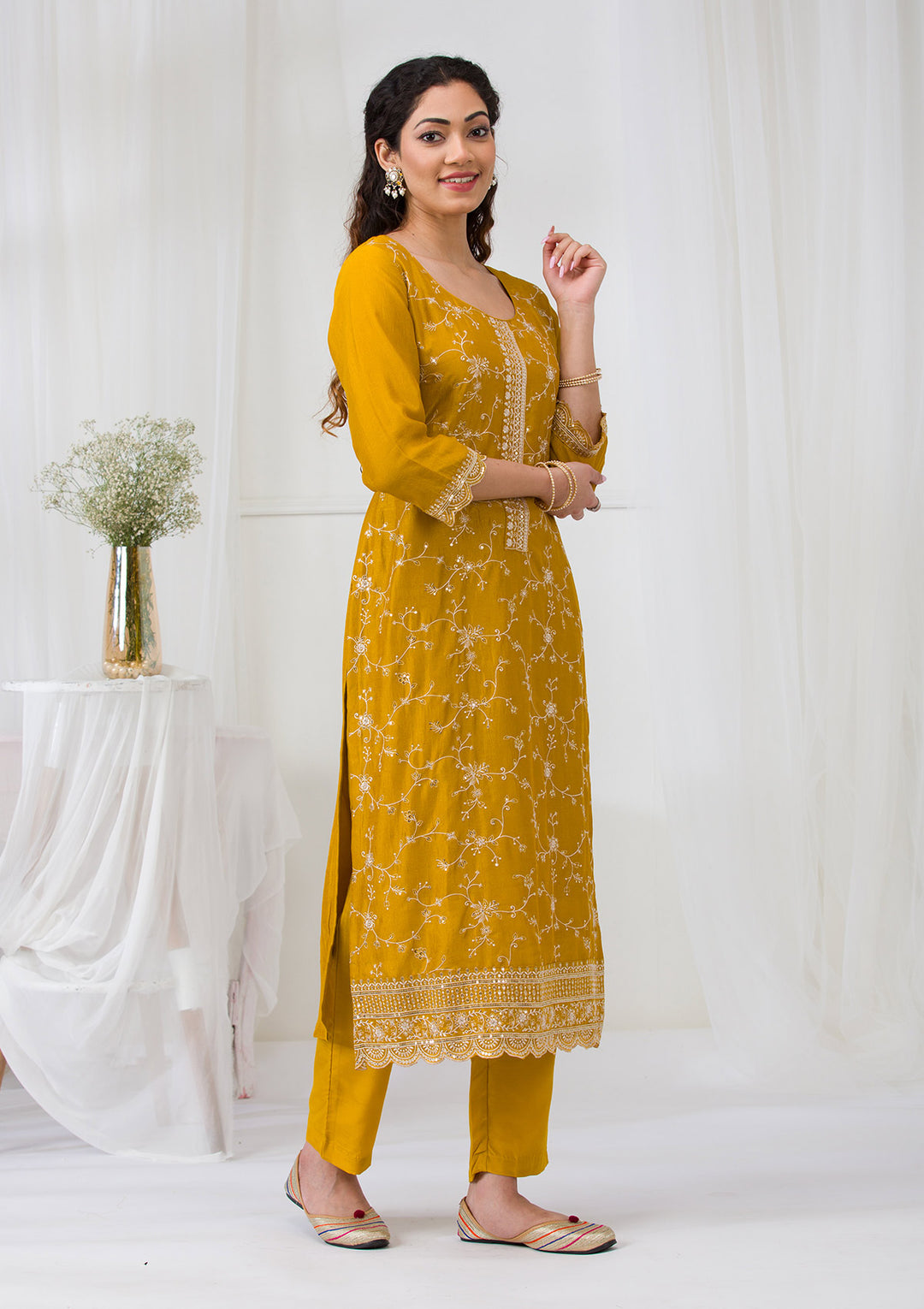 Mustard Sequins Raw Silk Readymade Salwar Suit
