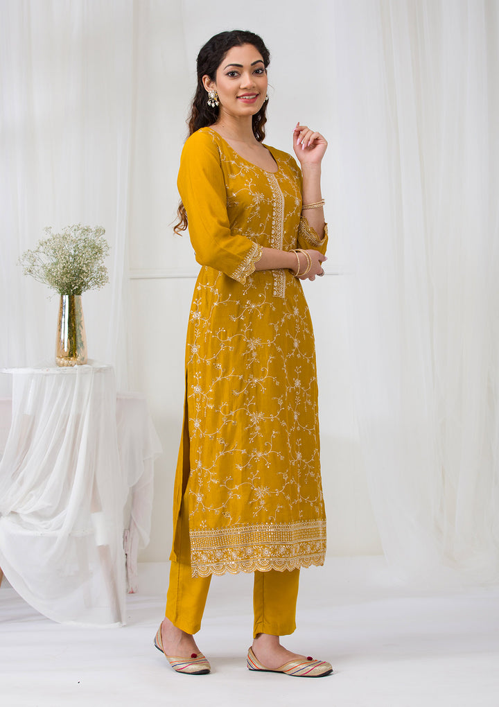 Mustard Sequins Raw Silk Readymade Salwar Suit
