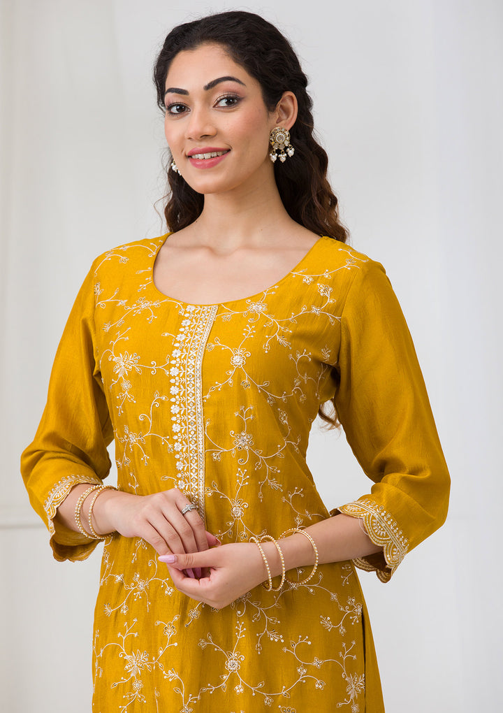 Mustard Sequins Raw Silk Readymade Salwar Suit