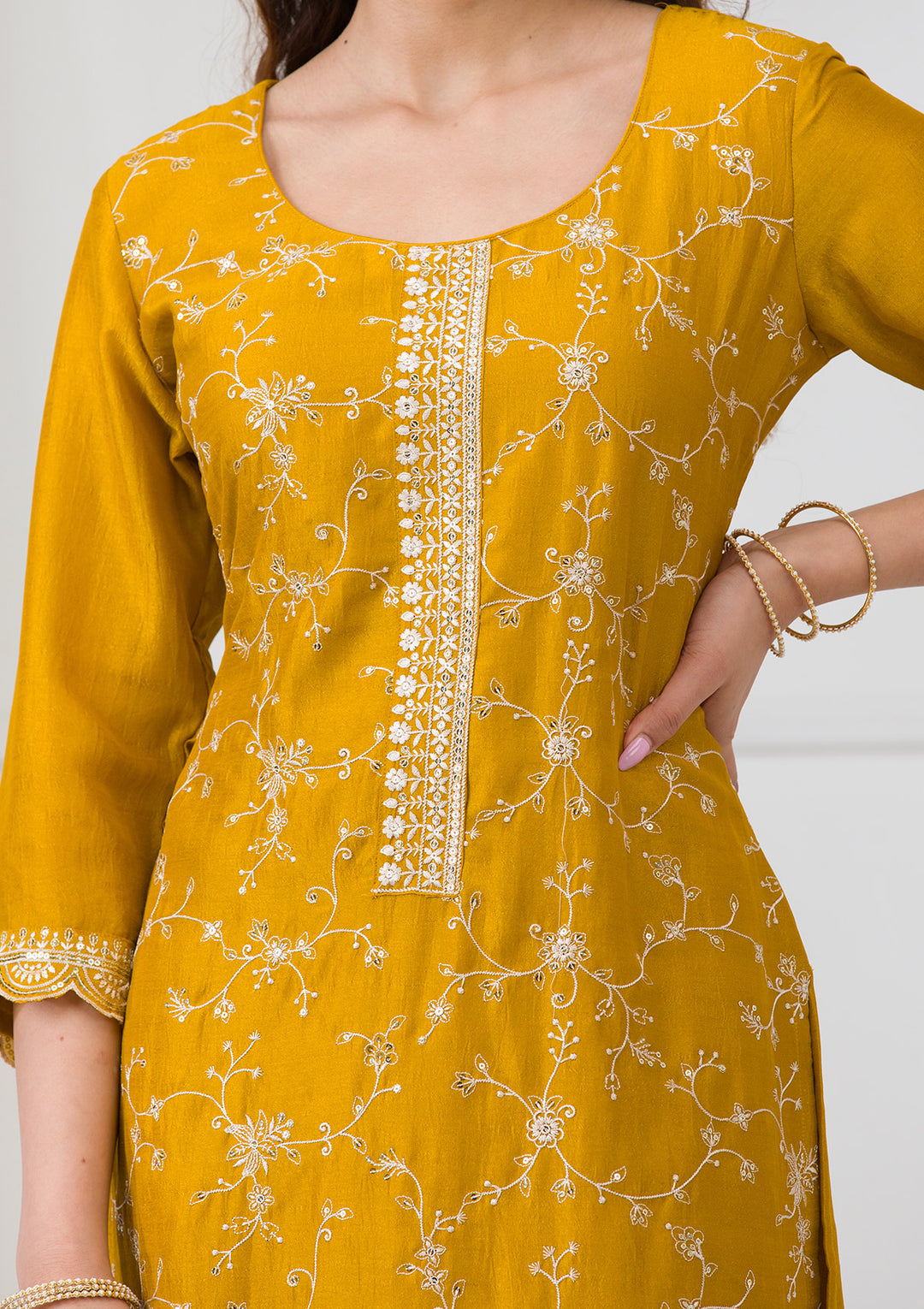 Mustard Sequins Raw Silk Readymade Salwar Suit