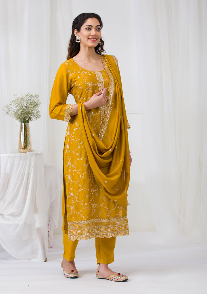 Mustard Sequins Raw Silk Readymade Salwar Suit