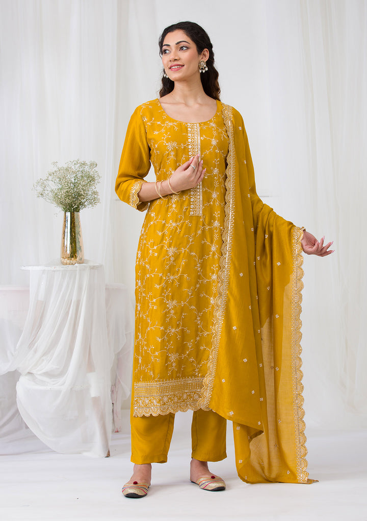 Mustard Sequins Raw Silk Readymade Salwar Suit