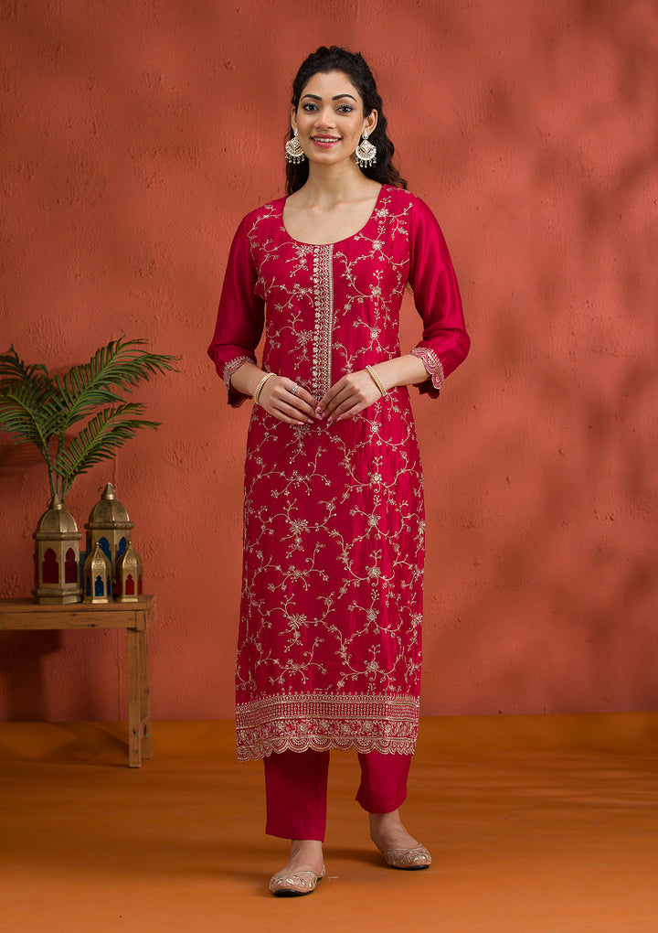 Rani Pink Threadwork Raw Silk Readymade Salwar Suit