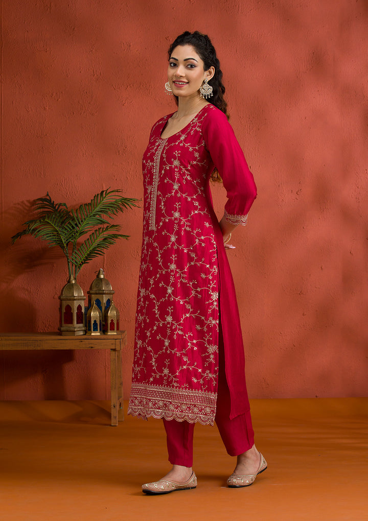 Rani Pink Threadwork Raw Silk Readymade Salwar Suit