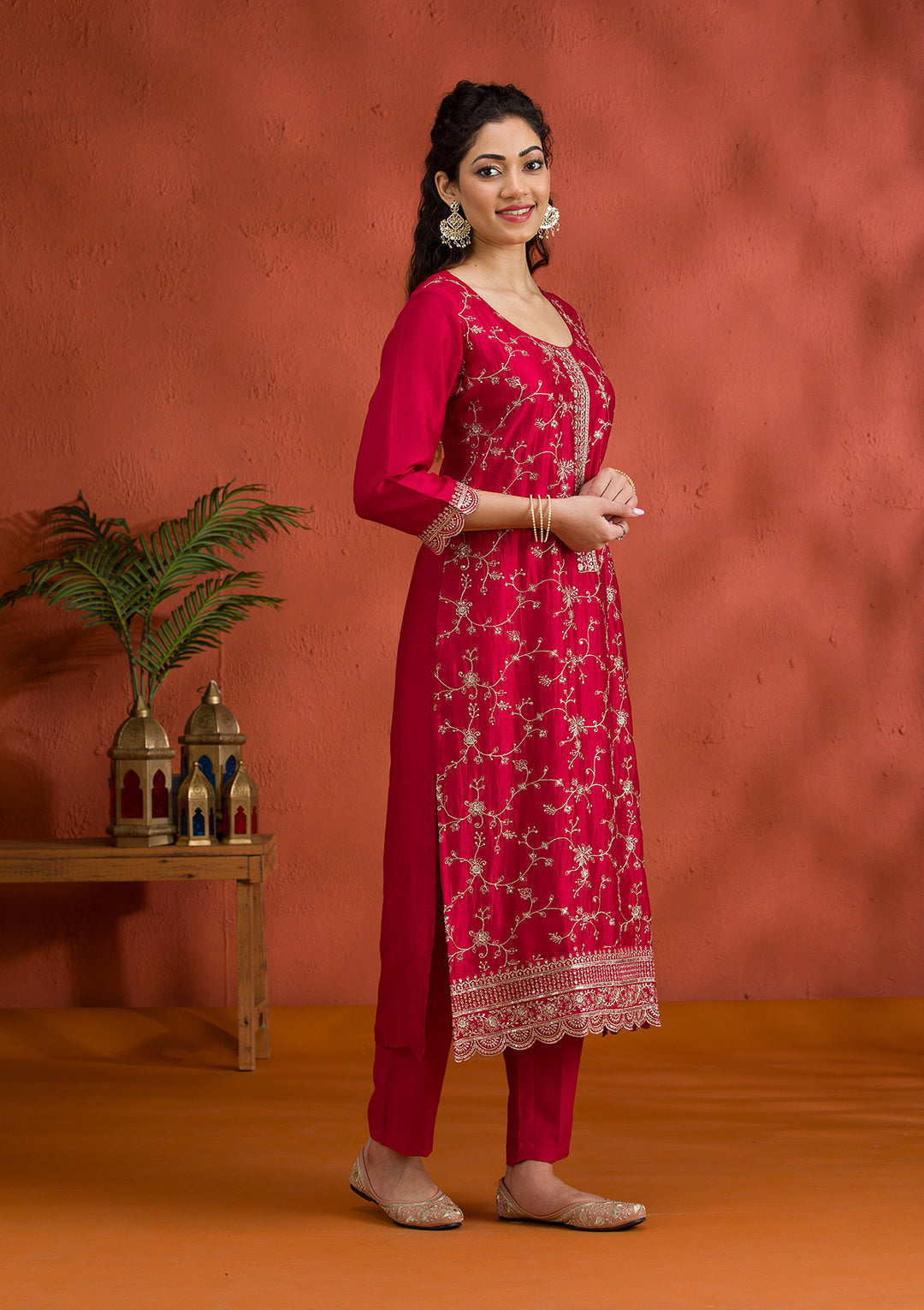 Rani Pink Threadwork Raw Silk Readymade Salwar Suit