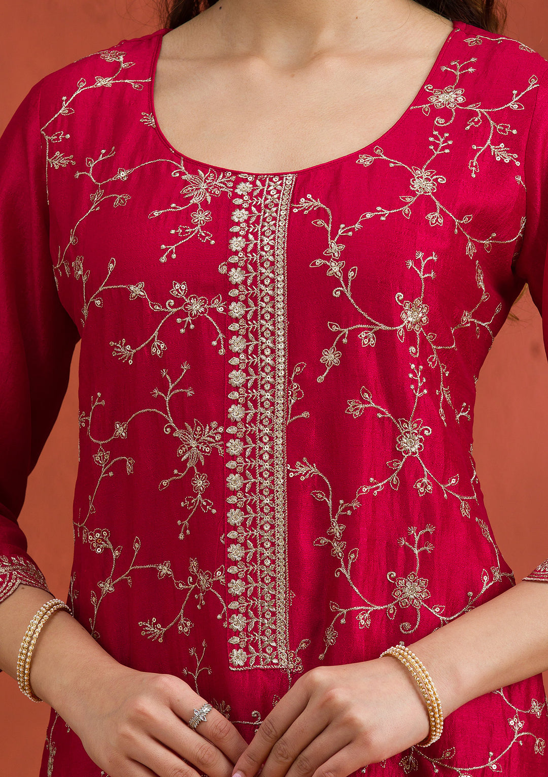 Rani Pink Threadwork Raw Silk Readymade Salwar Suit