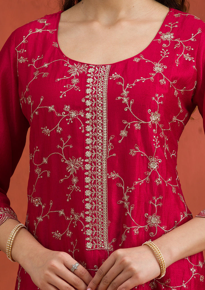 Rani Pink Threadwork Raw Silk Readymade Salwar Suit