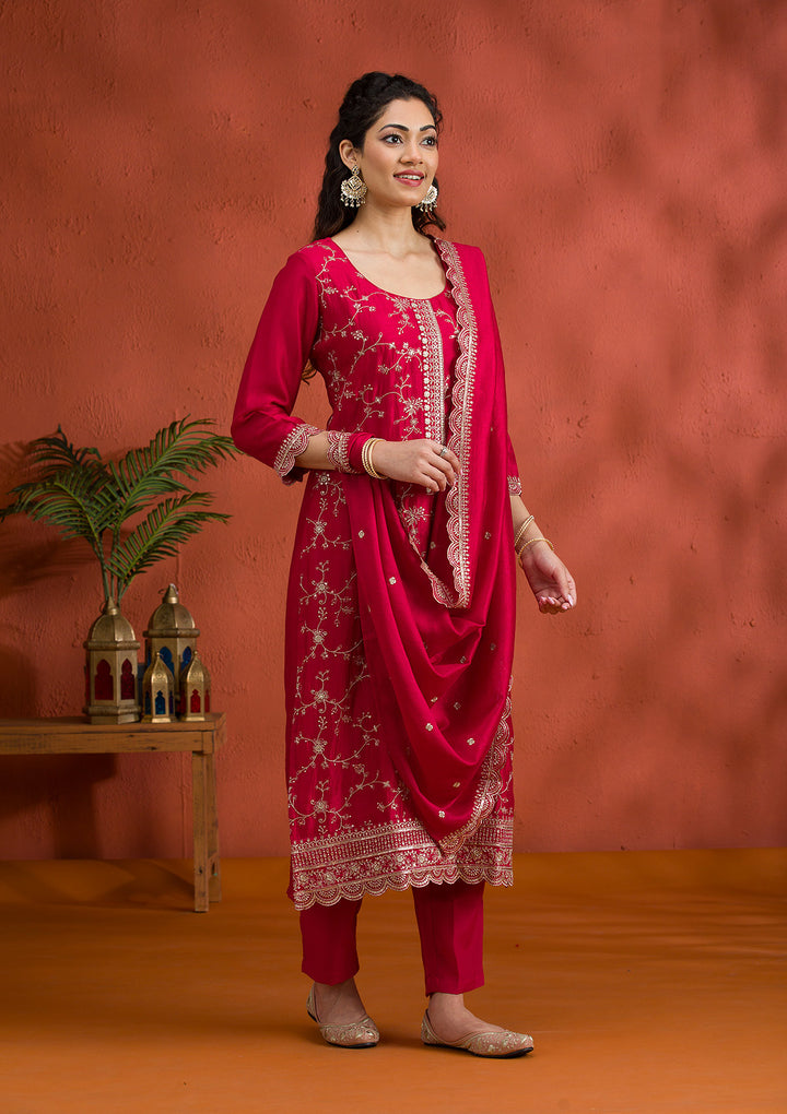 Rani Pink Threadwork Raw Silk Readymade Salwar Suit