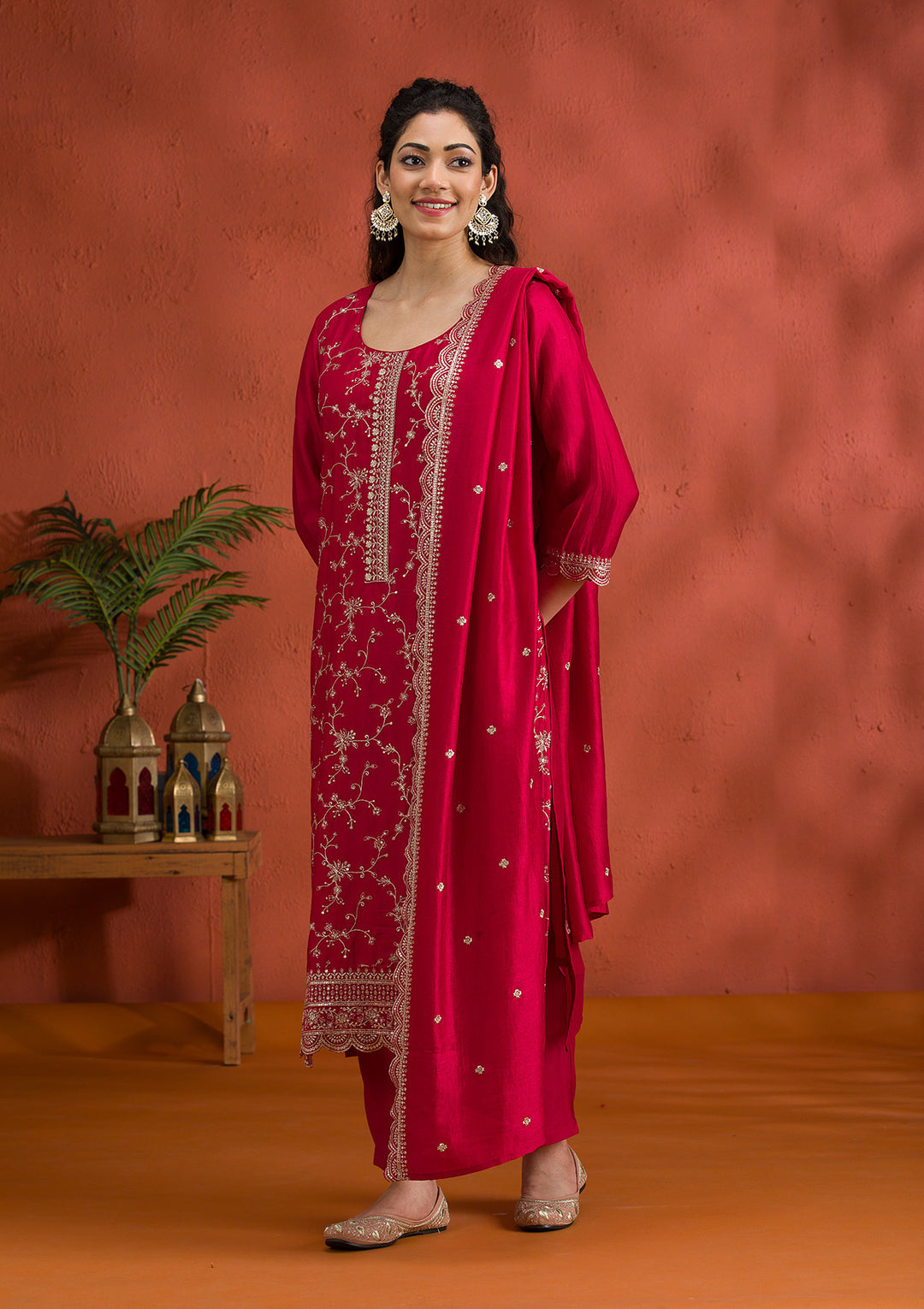 Rani Pink Threadwork Raw Silk Readymade Salwar Suit