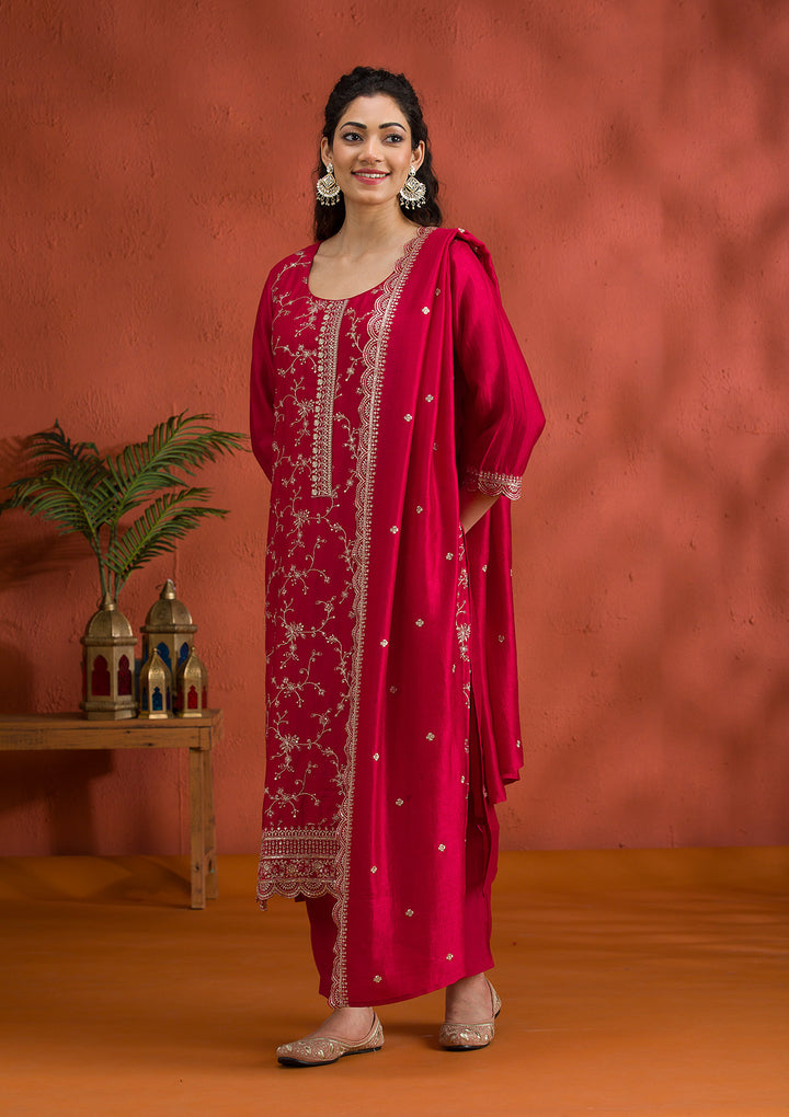 Rani Pink Threadwork Raw Silk Readymade Salwar Suit