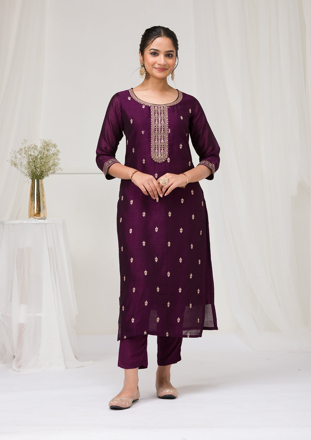 Purple Sequins Raw Silk Readymade Salwar Suit