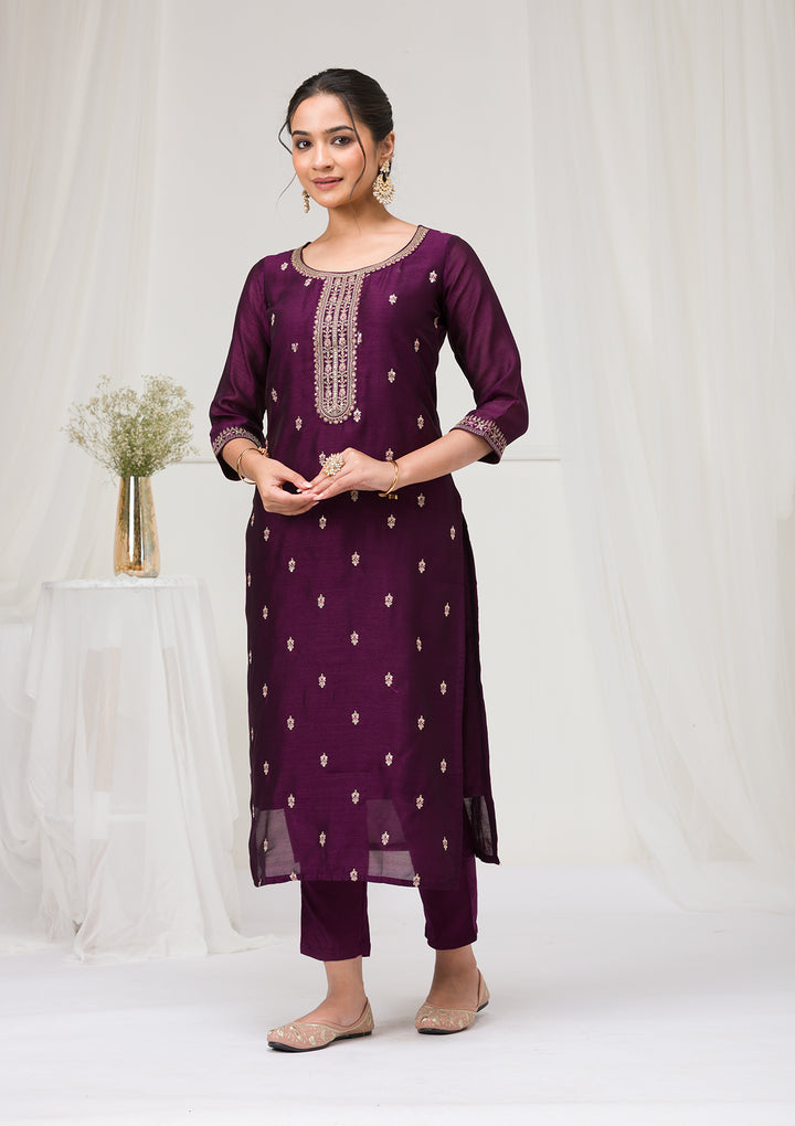 Purple Sequins Raw Silk Readymade Salwar Suit