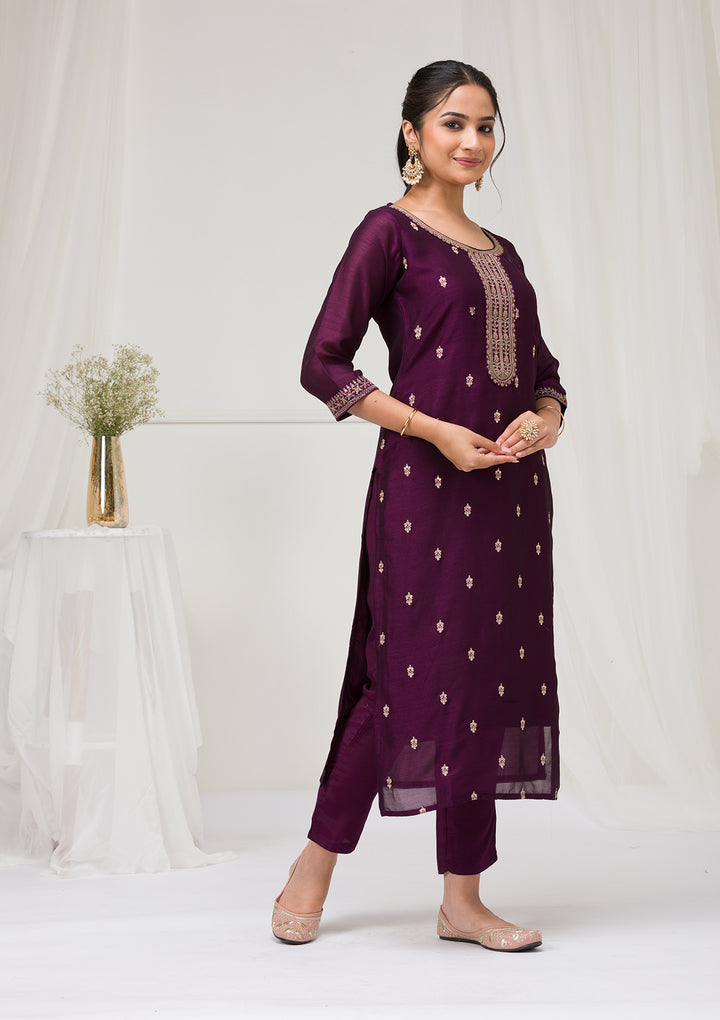 Purple Sequins Raw Silk Readymade Salwar Suit