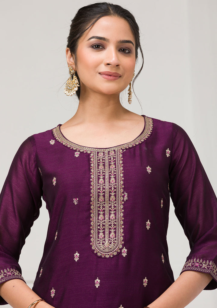 Purple Sequins Raw Silk Readymade Salwar Suit