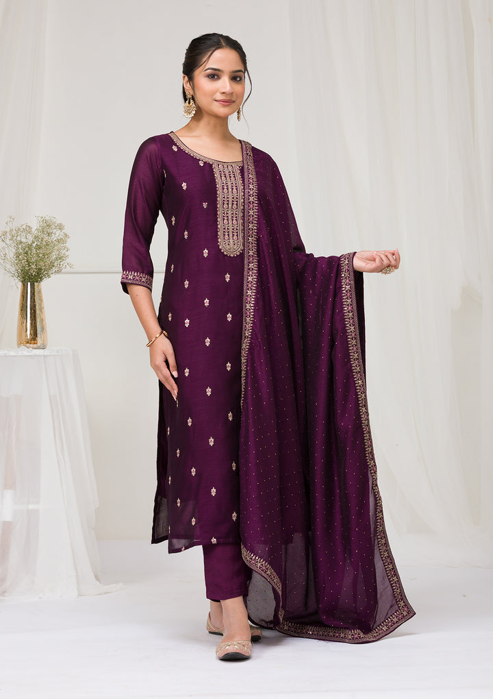 Purple Sequins Raw Silk Readymade Salwar Suit
