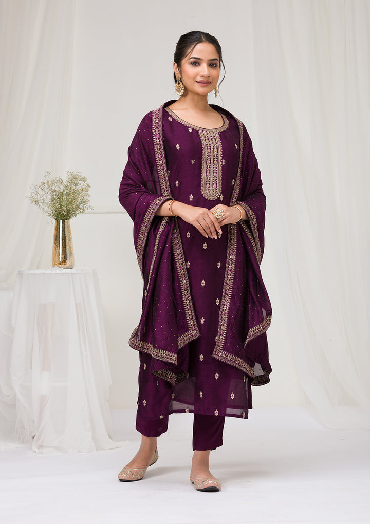 Purple Sequins Raw Silk Readymade Salwar Suit