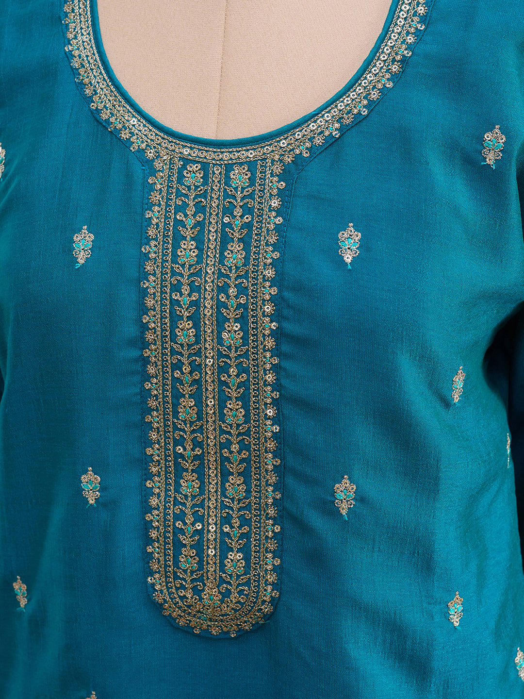 Rama Green Soft Raw Silk Gold Zariwork Straight Kurta With Pant Regular And Dupatta