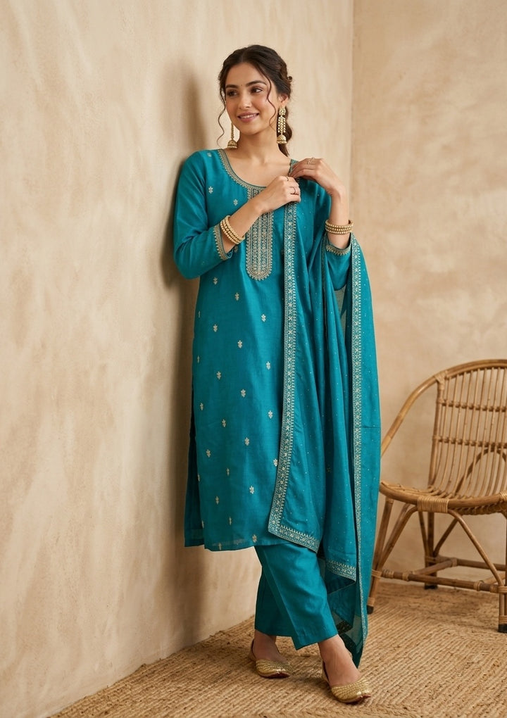 Rama Green Soft Raw Silk Gold Zariwork Straight Kurta With Pant Regular And Dupatta