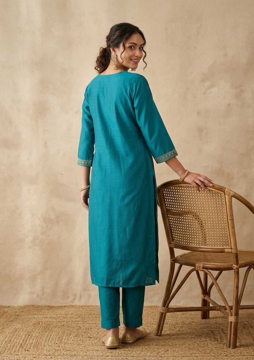 Rama Green Soft Raw Silk Gold Zariwork Straight Kurta With Pant Regular And Dupatta