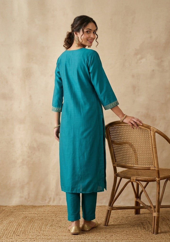 Rama Green Soft Raw Silk Gold Zariwork Straight Kurta With Pant Regular And Dupatta
