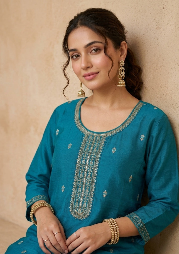 Rama Green Soft Raw Silk Gold Zariwork Straight Kurta With Pant Regular And Dupatta