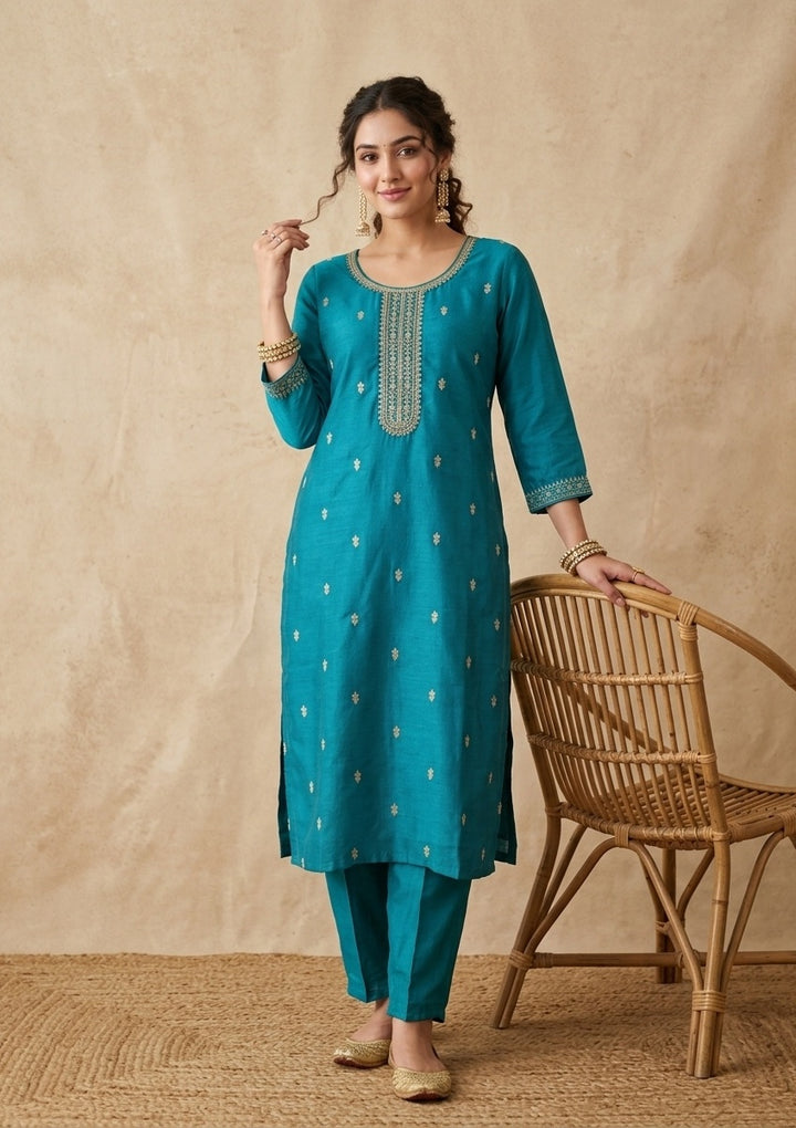Rama Green Soft Raw Silk Gold Zariwork Straight Kurta With Pant Regular And Dupatta