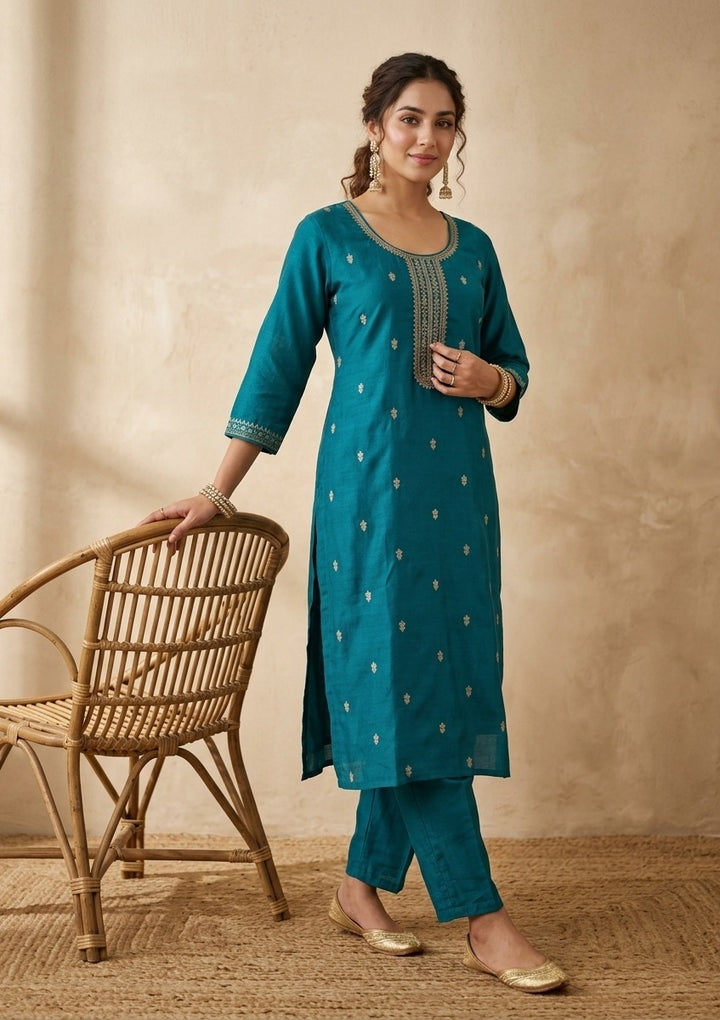Rama Green Soft Raw Silk Gold Zariwork Straight Kurta With Pant Regular And Dupatta