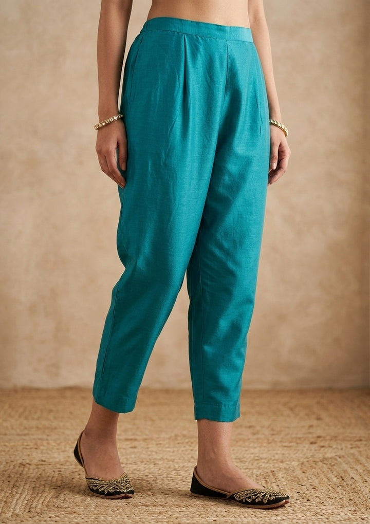 Rama Green Soft Raw Silk Gold Zariwork Straight Kurta With Pant Regular And Dupatta