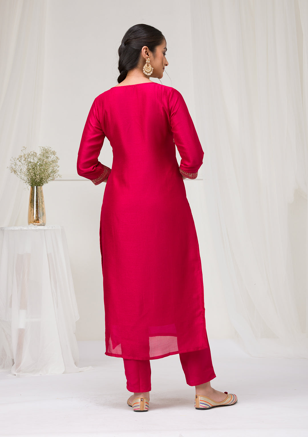 Rani Pink Soft Raw Silk Gold Zariwork Straight Kurta With Pant Regular And Dupatta