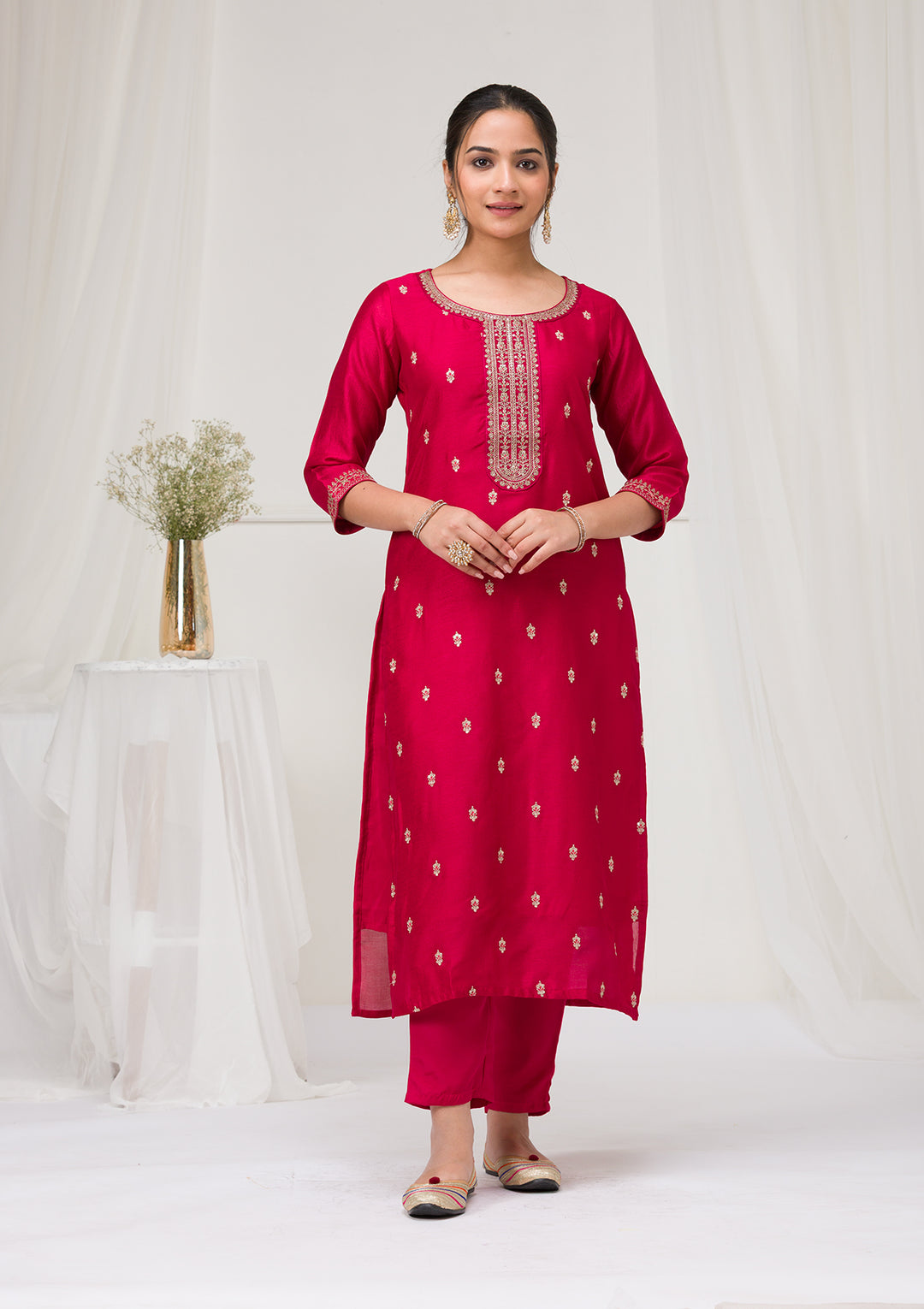Rani Pink Soft Raw Silk Gold Zariwork Straight Kurta With Pant Regular And Dupatta