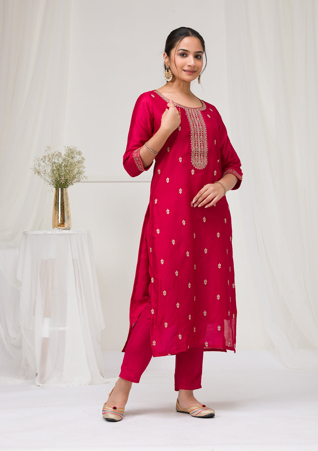 Rani Pink Soft Raw Silk Gold Zariwork Straight Kurta With Pant Regular And Dupatta