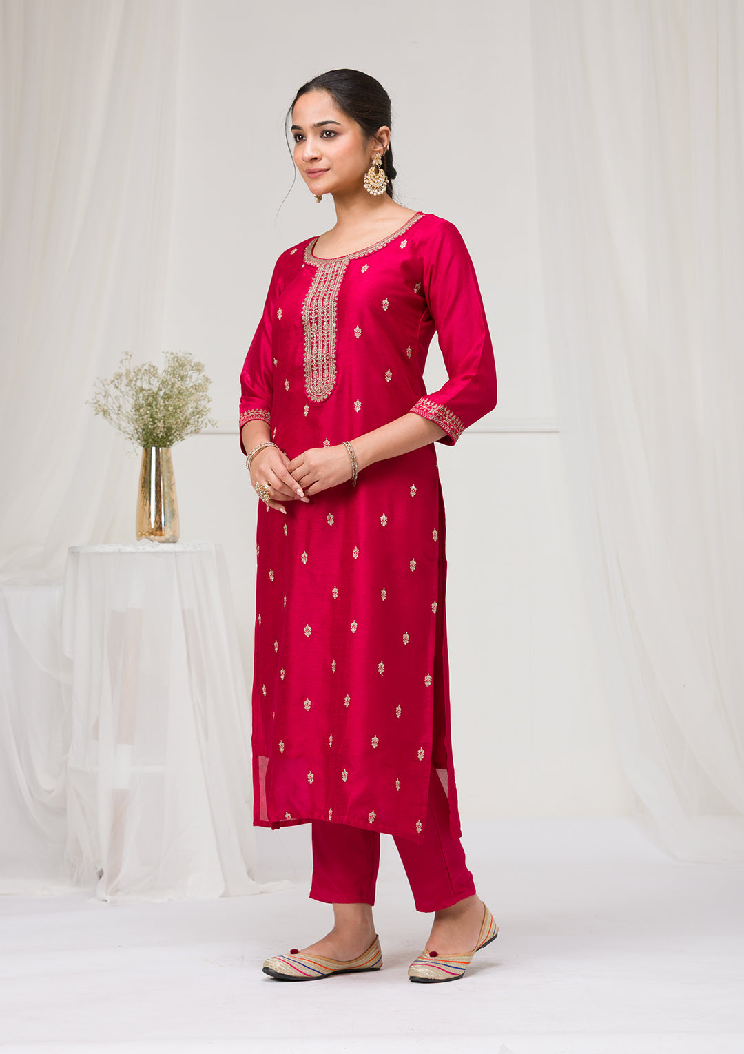 Rani Pink Soft Raw Silk Gold Zariwork Straight Kurta With Pant Regular And Dupatta