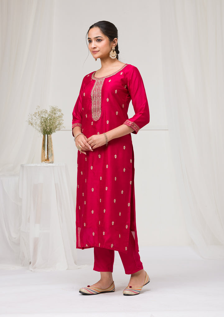 Rani Pink Soft Raw Silk Gold Zariwork Straight Kurta With Pant Regular And Dupatta