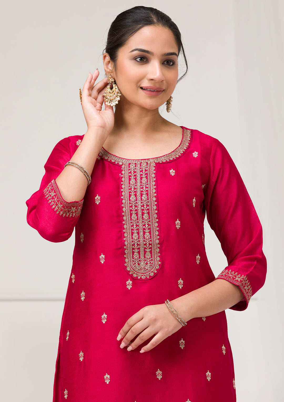 Rani Pink Soft Raw Silk Gold Zariwork Straight Kurta With Pant Regular And Dupatta