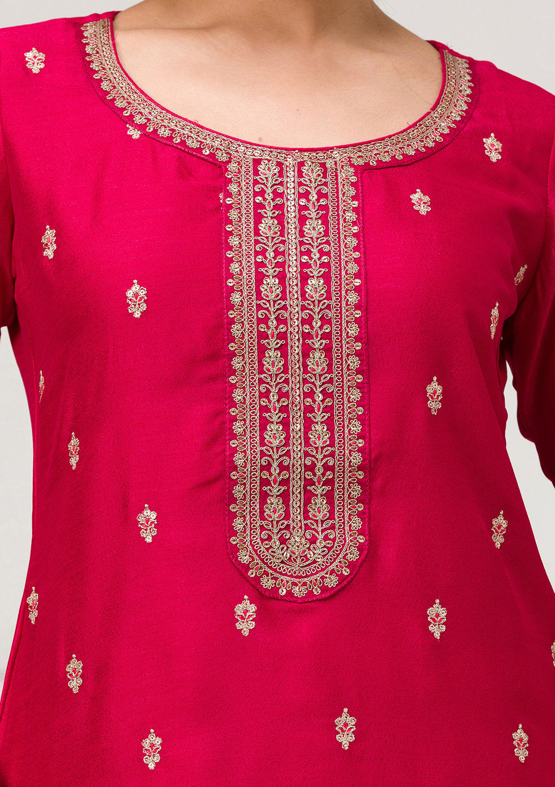 Rani Pink Soft Raw Silk Gold Zariwork Straight Kurta With Pant Regular And Dupatta