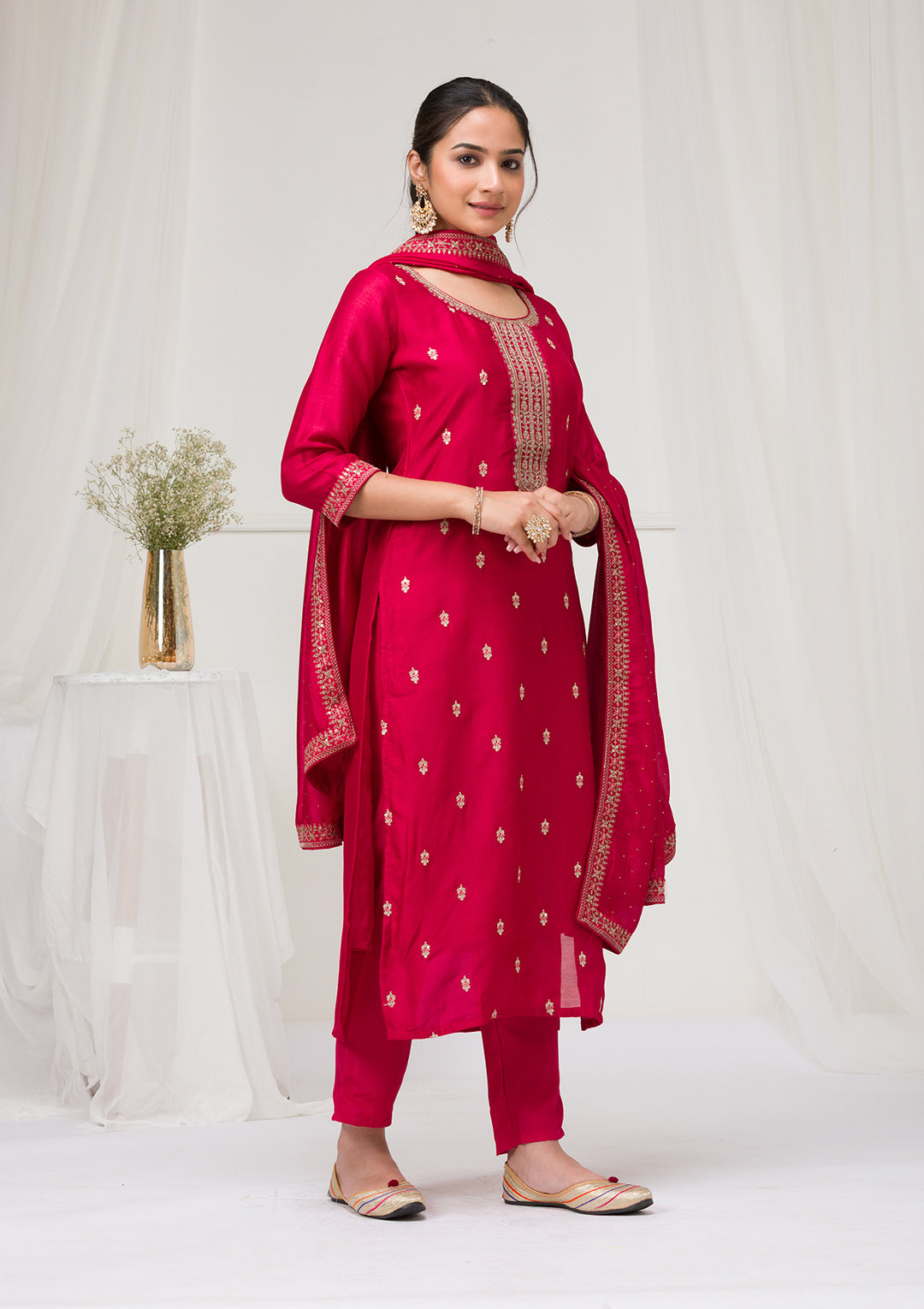 Rani Pink Soft Raw Silk Gold Zariwork Straight Kurta With Pant Regular And Dupatta