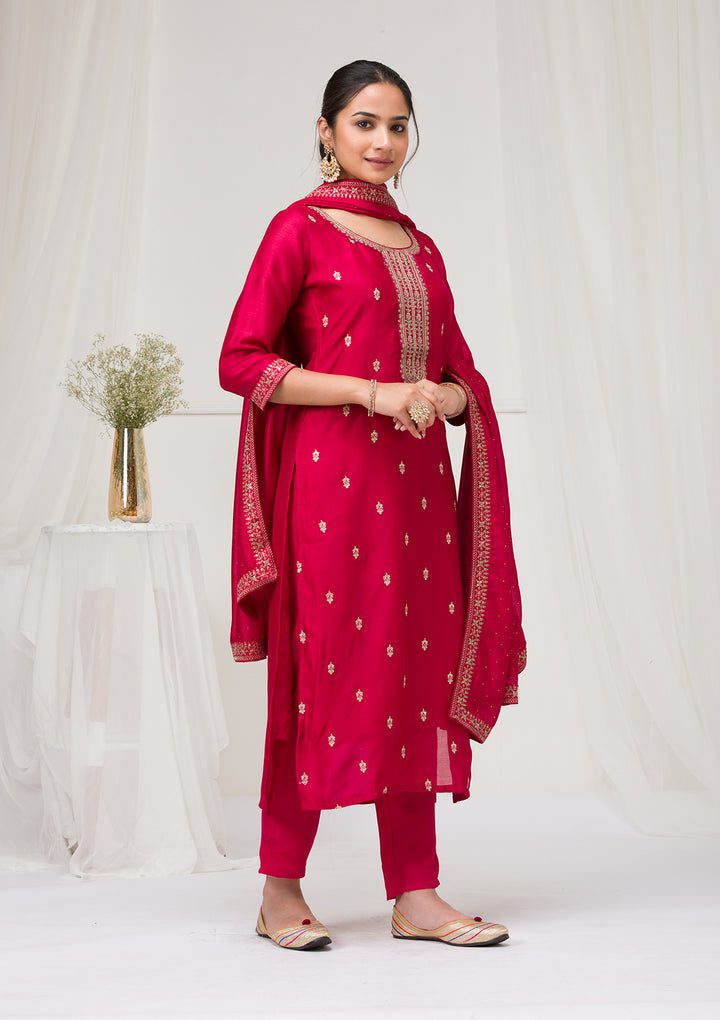 Rani Pink Soft Raw Silk Gold Zariwork Straight Kurta With Pant Regular And Dupatta